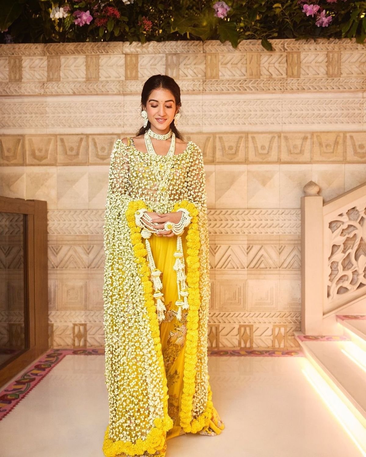 floral dupatta  adorned with fresh tegar, pearls , rose petals, gypsophila